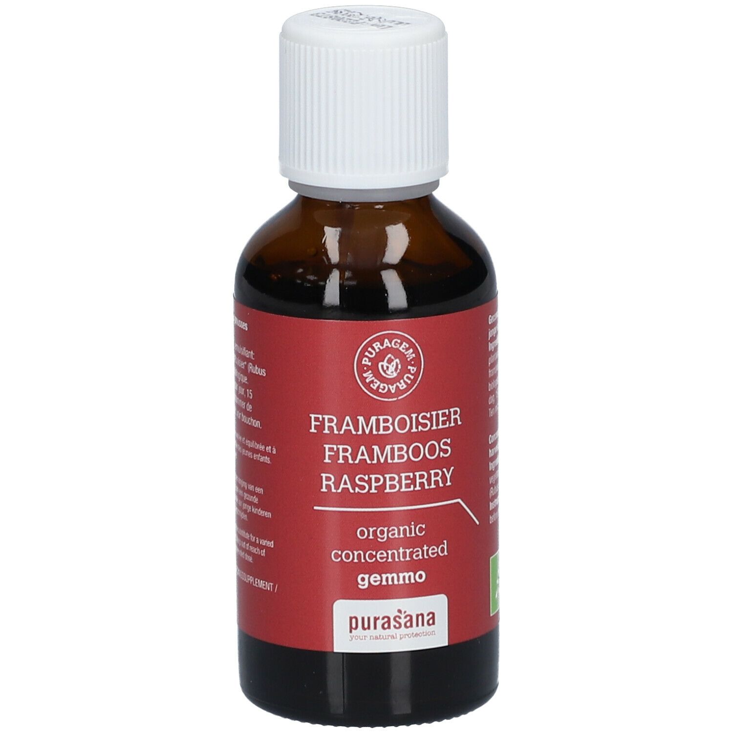 Braune Glasflasche mit weißem Deckel. Rotes Etikett mit Produktnamen und Logo. Bio-Zertifizierung.