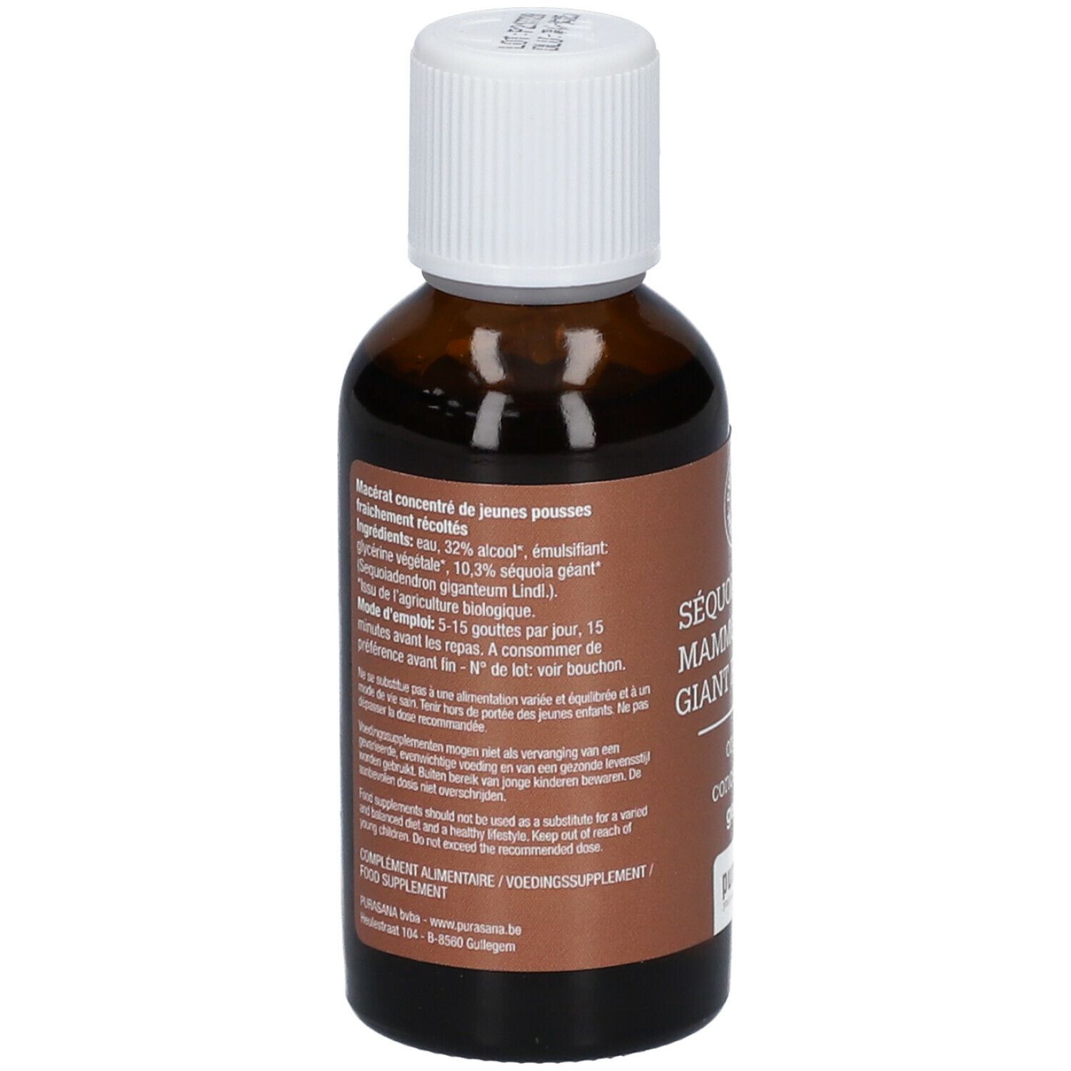 Bruine glazen fles met witte dop. Achterkant met tekst. Ingrediëntenlijst, gebruiksaanwijzing. Purasana logo. Bio-certificering.
