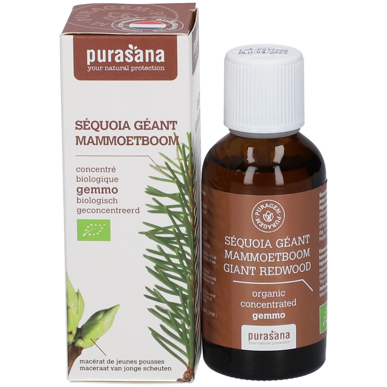 Productfles en verpakking. Fles: bruin glas, witte dop. Verpakking: wit, bruin. Tekst: Séquoia Géant, gemmo, Purasana.