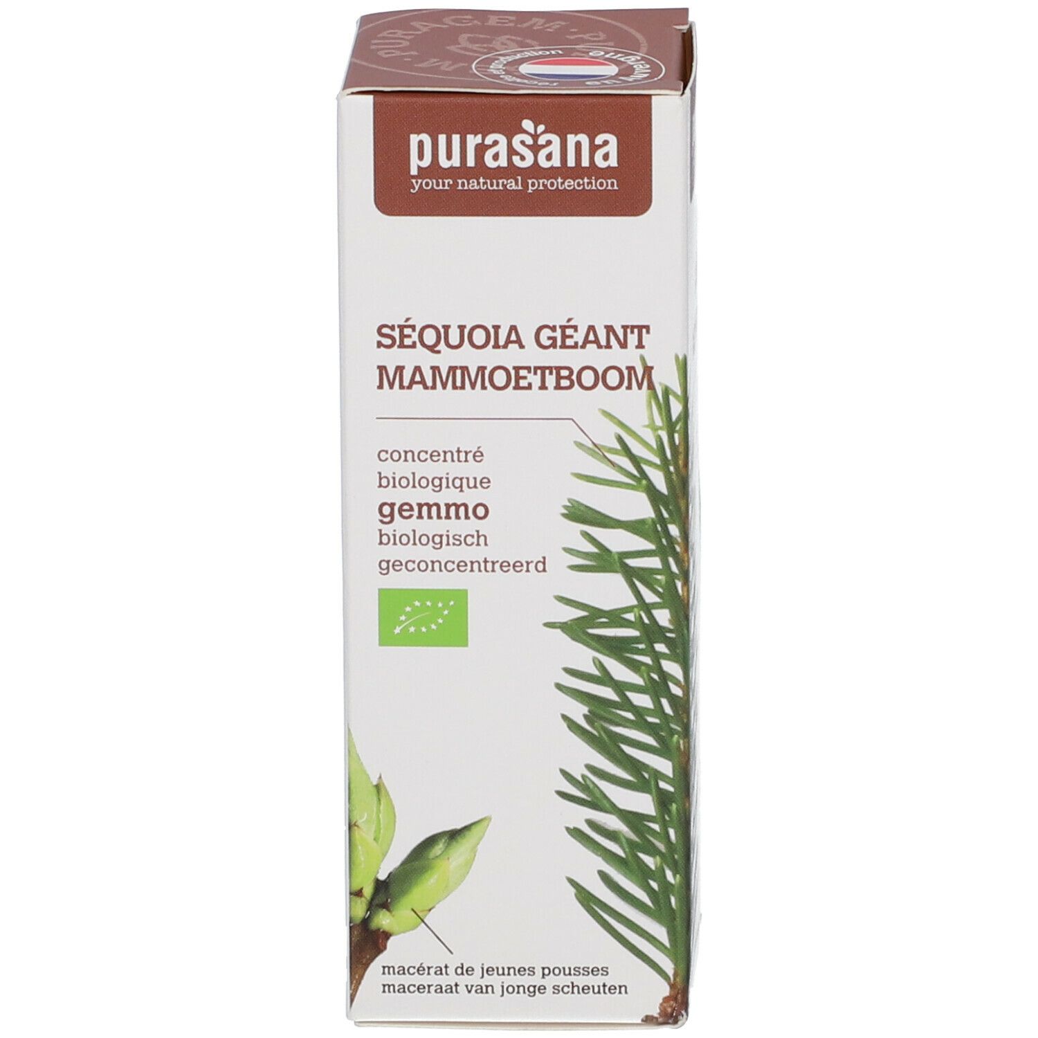 Witte verpakking met bruine accenten. Tekst: Séquoia Géant, gemmo, Purasana. Bio-certificering. Afbeelding van takken.
