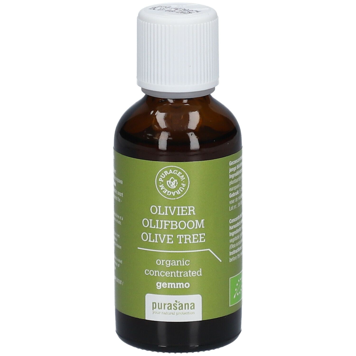 Bruine glazen fles met witte dop. Etiket met productnaam, merk Purasana en bio-keurmerk. Olijfextract.