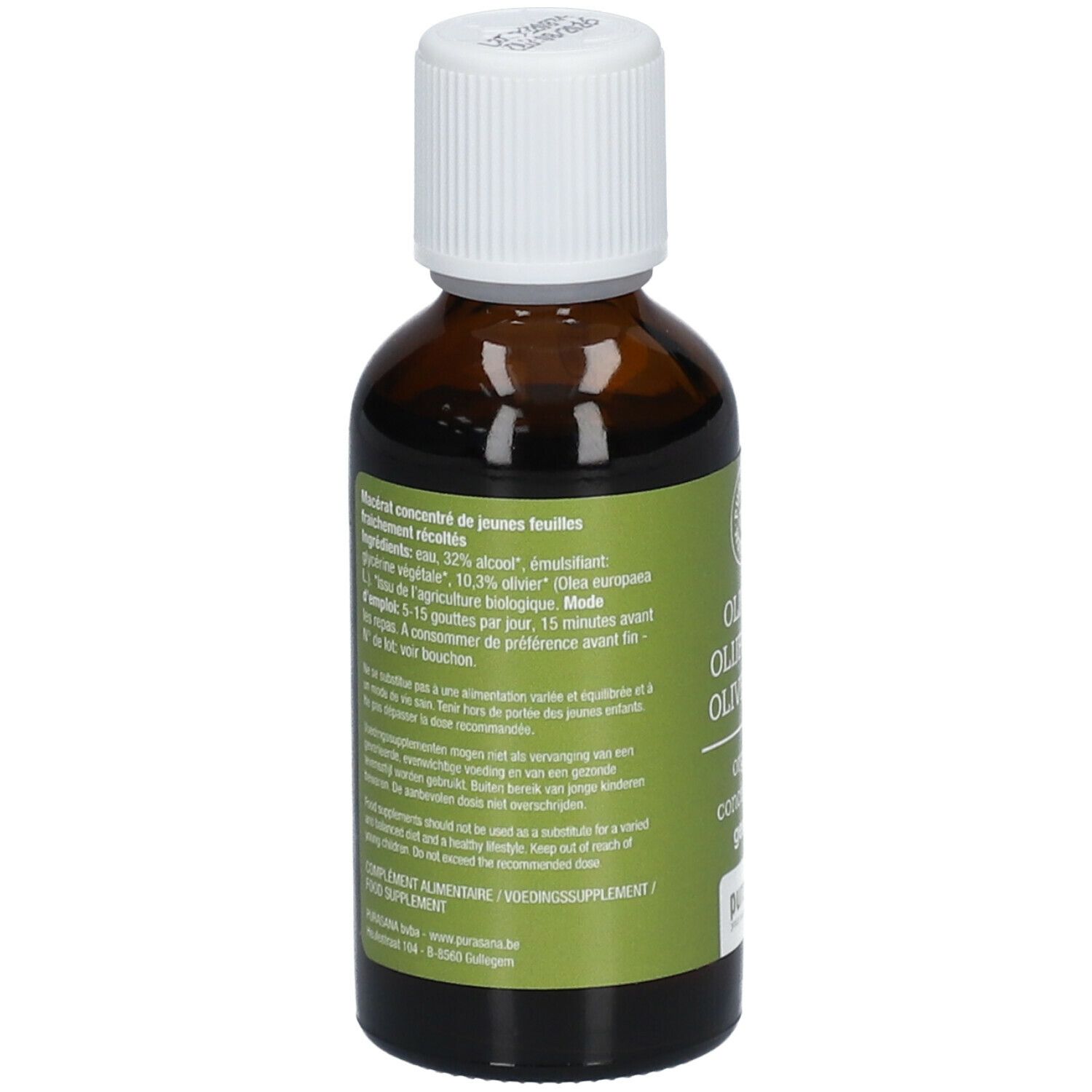 Achterkant van de bruine glazen fles. Etiket met productinformatie, ingrediënten en gebruiksaanwijzing. Bio-keurmerk.