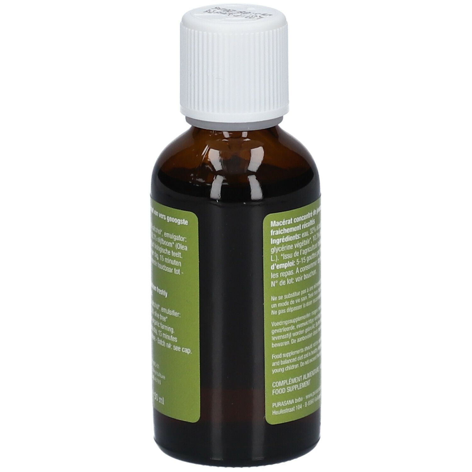 Achterkant van de bruine glazen fles. Etiket met productinformatie, ingrediënten en gebruiksaanwijzing. Bio-keurmerk.
