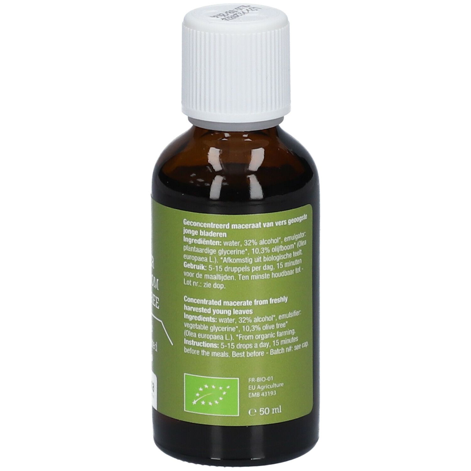 Achterkant van de bruine glazen fles. Etiket met productinformatie, ingrediënten en gebruiksaanwijzing. Bio-keurmerk.