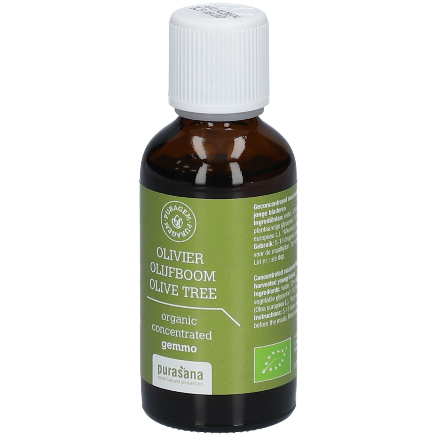 Bruine glazen fles met witte dop. Etiket met productnaam, merk Purasana en bio-keurmerk. Olijfextract.