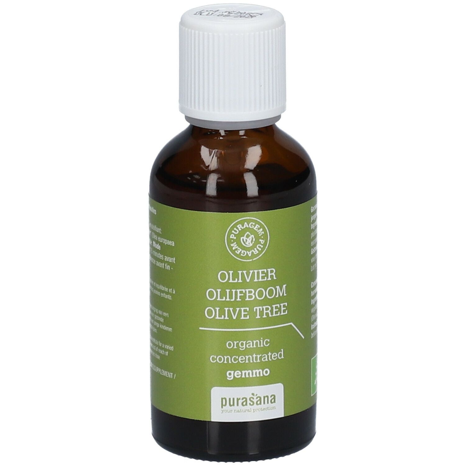Bruine glazen fles met witte dop. Etiket met productnaam, merk Purasana en bio-keurmerk. Olijfextract.