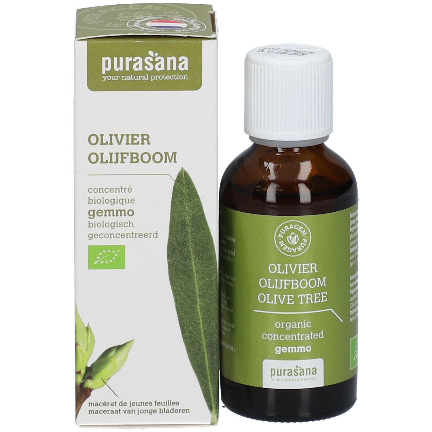 Productfles en verpakking. Bruine fles met witte dop en groene verpakking. Merk Purasana, bio-keurmerk.