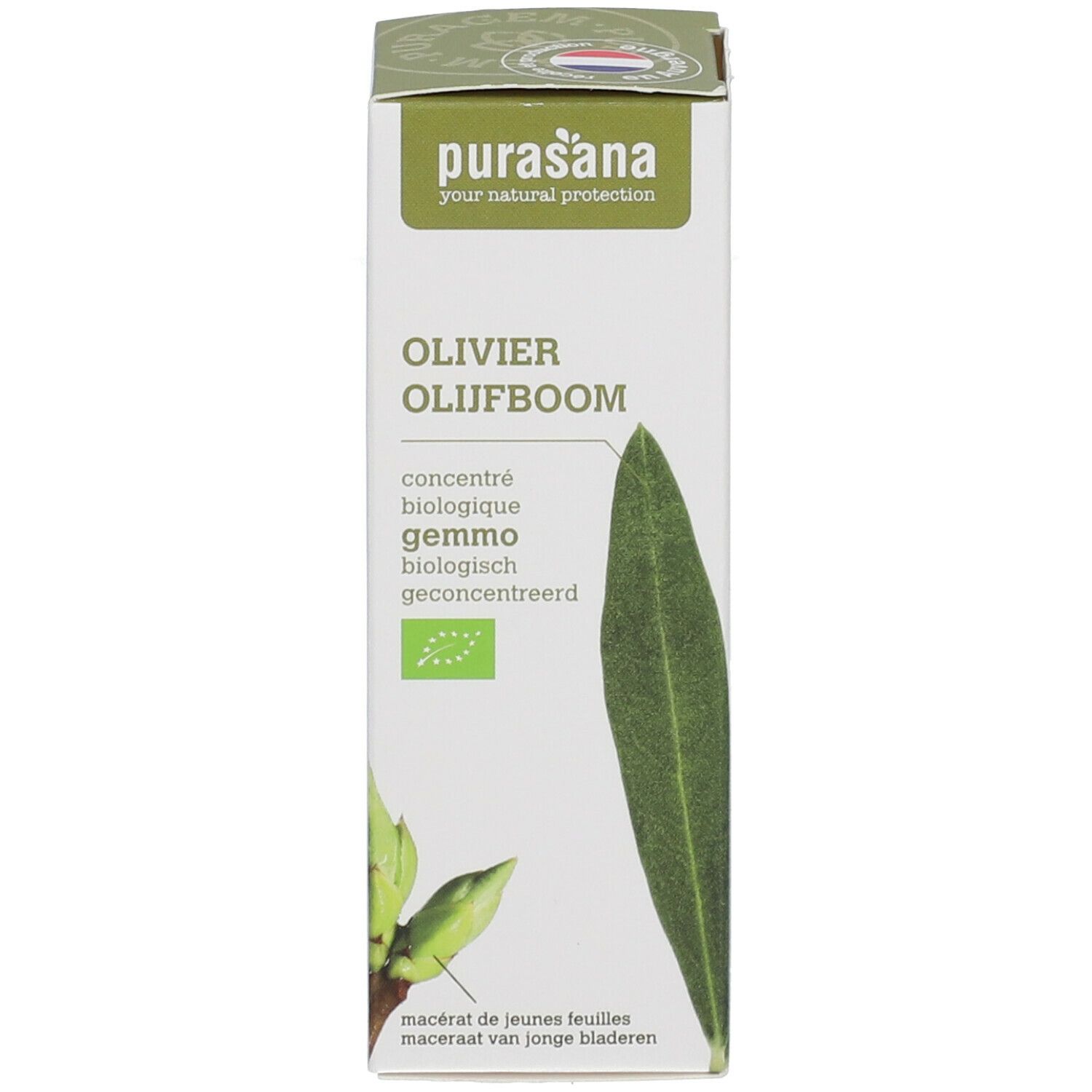 Groene productverpakking. Merk Purasana, productnaam, bio-keurmerk. Afbeelding van een olijfblad.