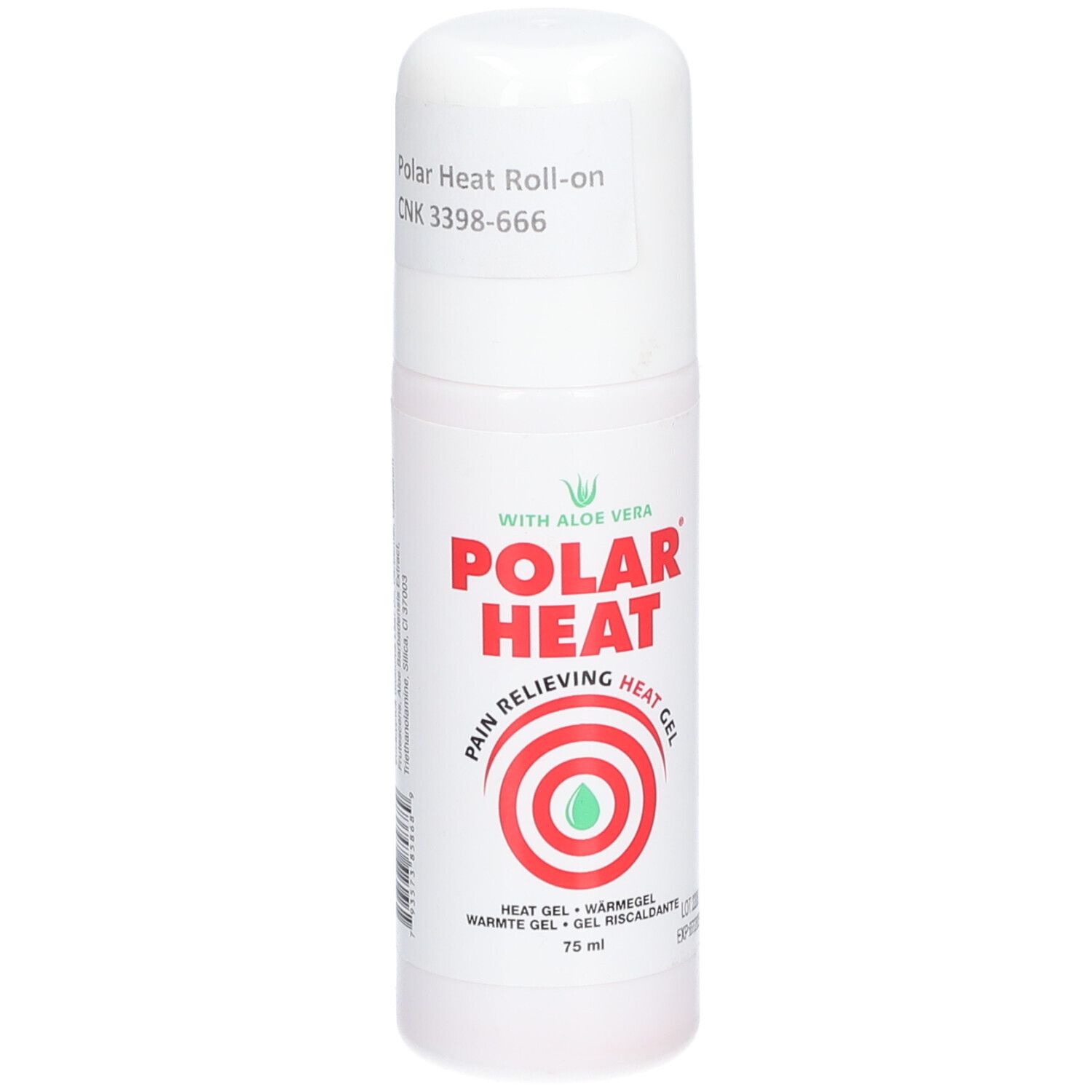 Witte roll-on met rood en groen logo. Opschrift: POLAR HEAT, Pain Relieving Heat Gel. Met Aloe Vera.