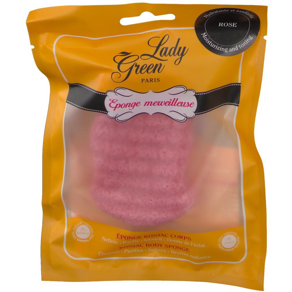 Konjac-Körperschwamm in Verpackung. Rosa Schwamm in gelb-transparenter Verpackung. Aufschrift: Lady Green Paris, Eponge merveilleuse.
