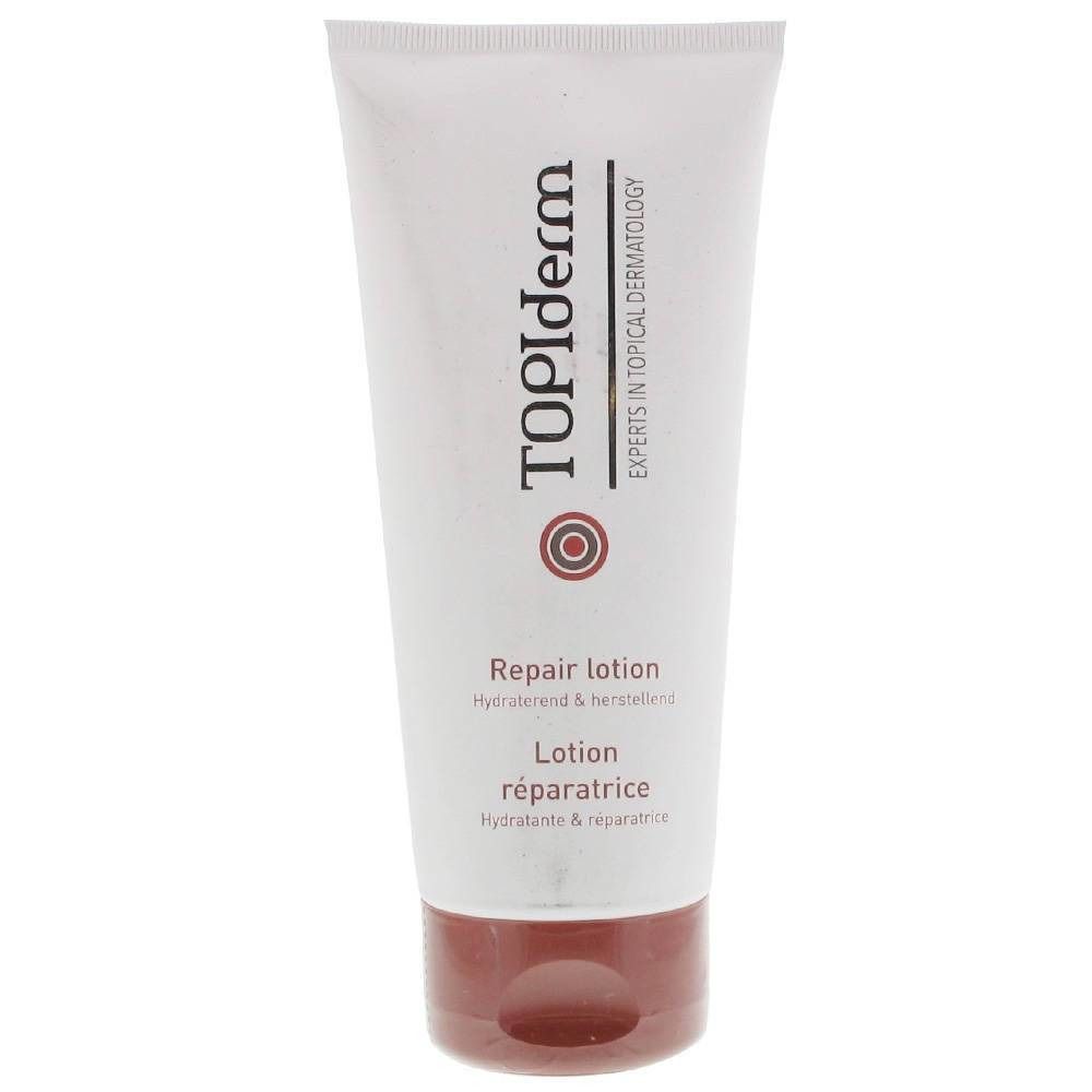 Tube blanche et rouge avec le nom TOPIderm. Texte: Repair lotion, Lotion réparatrice. Experts in Topical Dermatology.