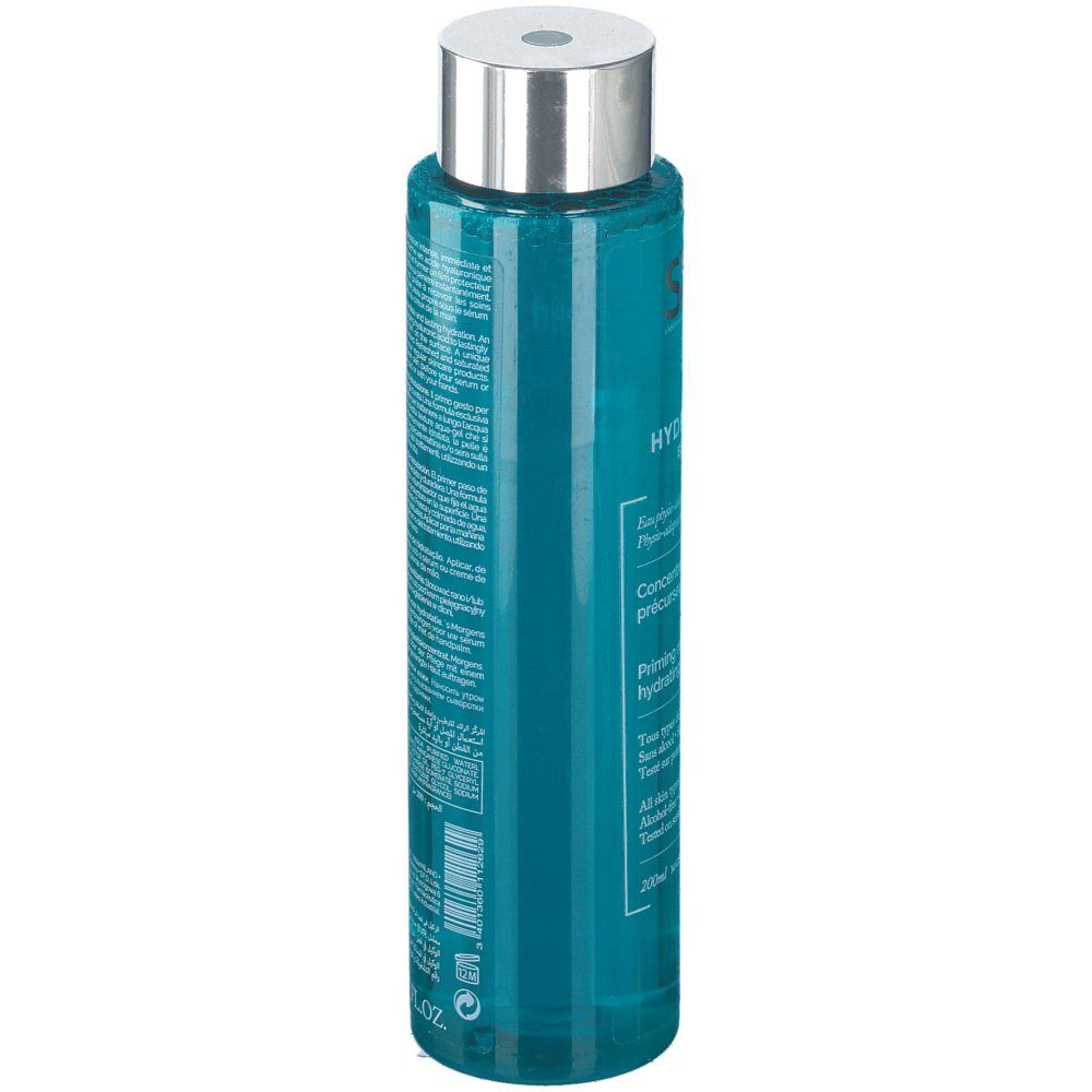 Flacon cylindrique avec bouchon argenté. Liquide bleu visible. Texte sur le flacon. 200ml.