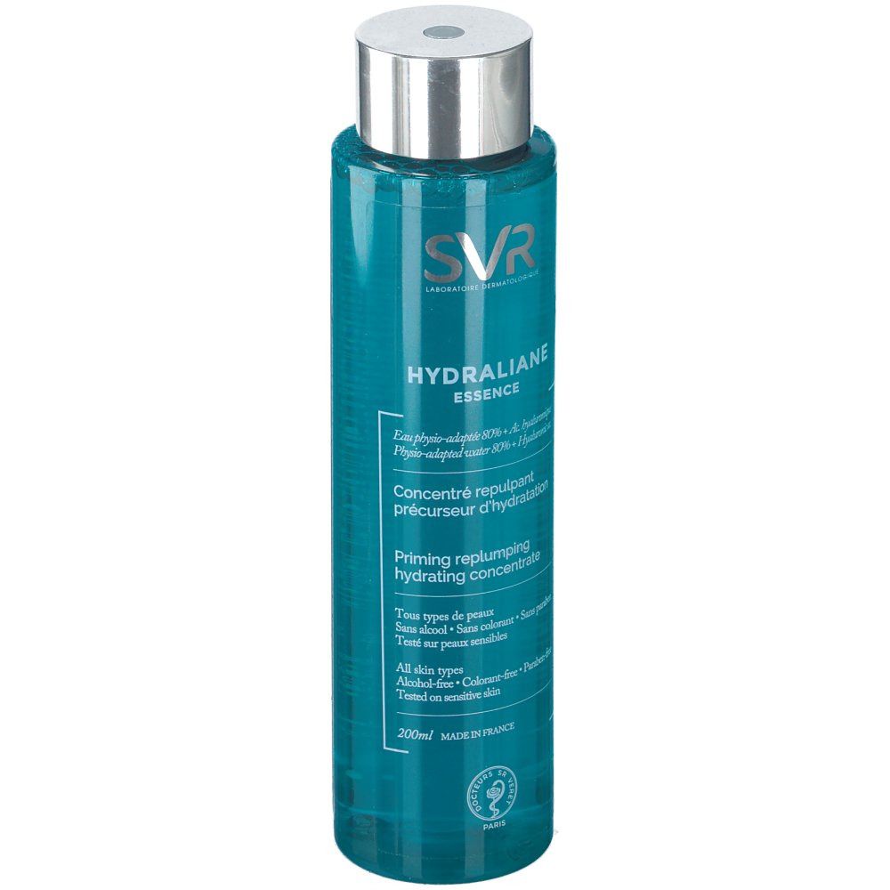 Flacon cylindrique avec bouchon argenté. Liquide bleu visible. Texte sur le flacon. 200ml. Marque SVR.