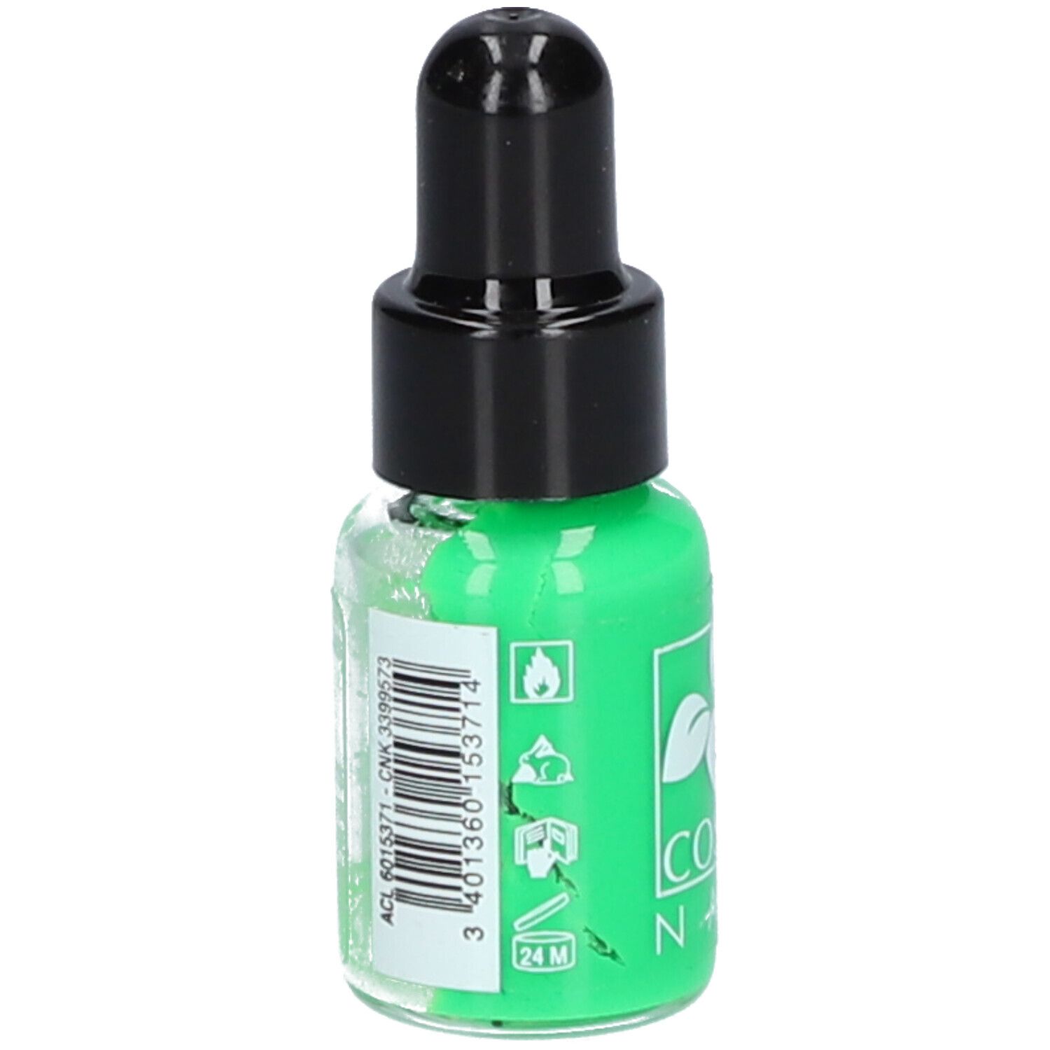 Flacone di smalto verde fluo con tappo nero. Scritta: COSMÉNAIL, 321. Fluo Grün. Codice a barre.