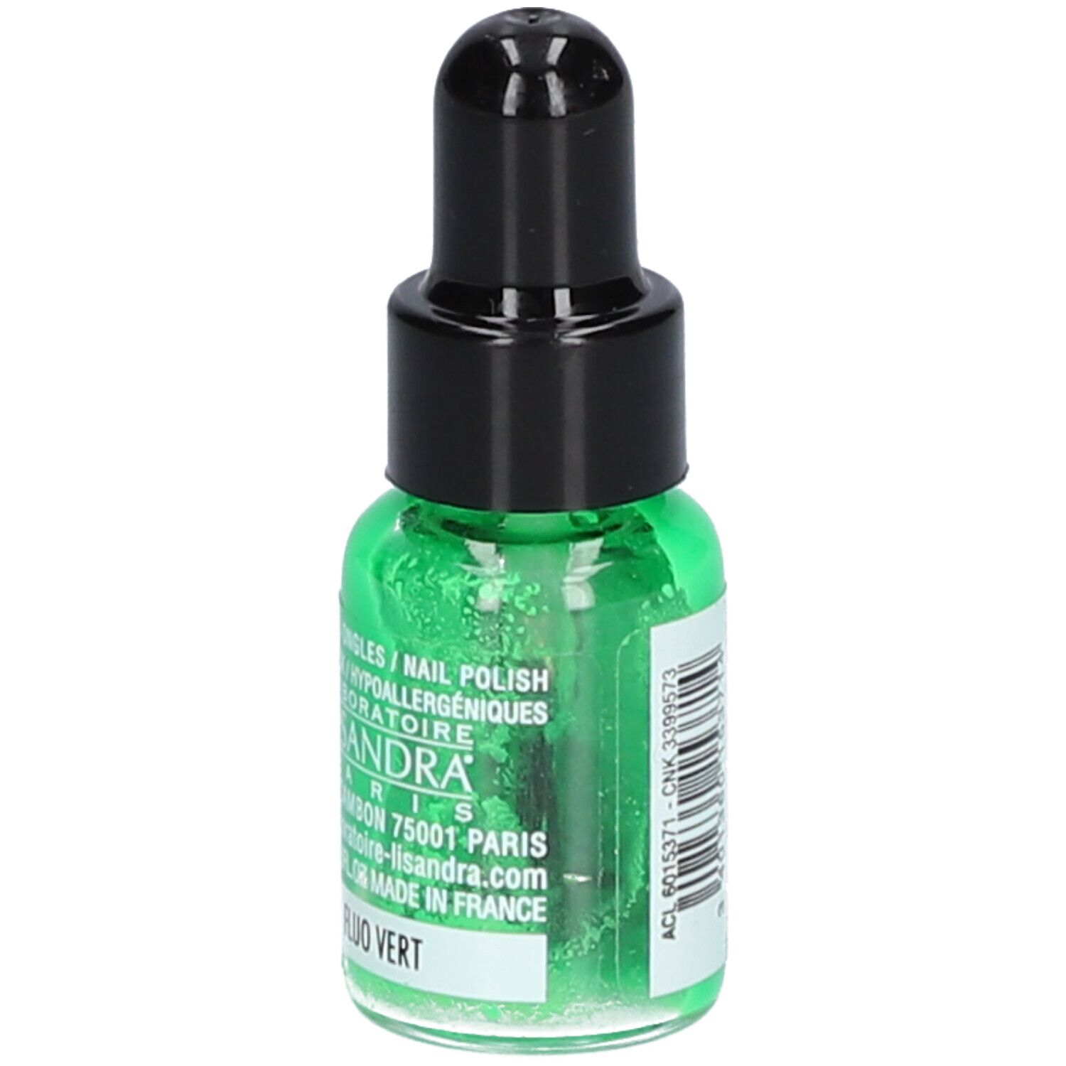 Flacone di smalto verde fluo con tappo nero. Scritta: COSMÉNAIL, 321. Fluo Grün. Testo.