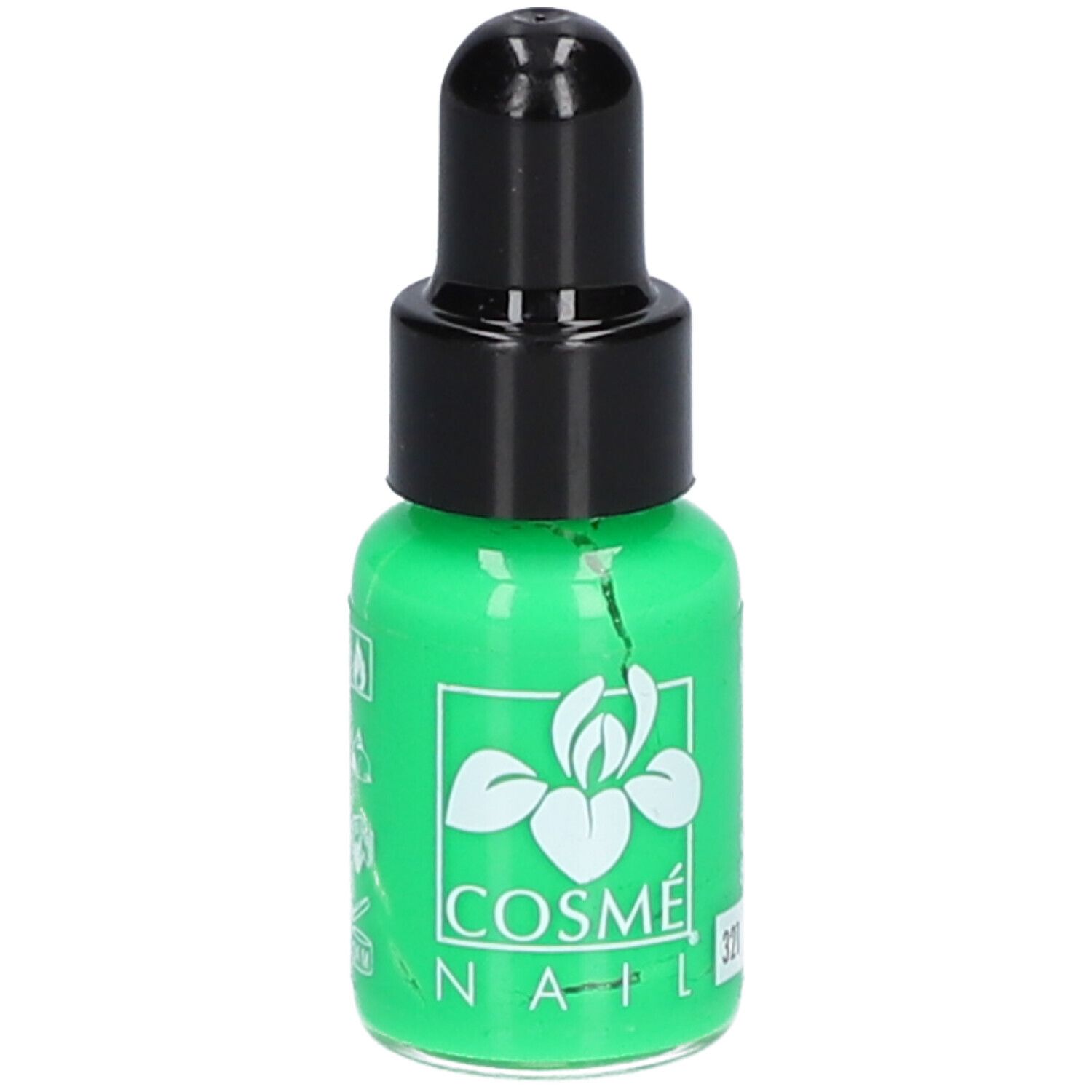 Flacone di smalto verde fluo con tappo nero. Scritta: COSMÉNAIL, 321. Fluo Grün.