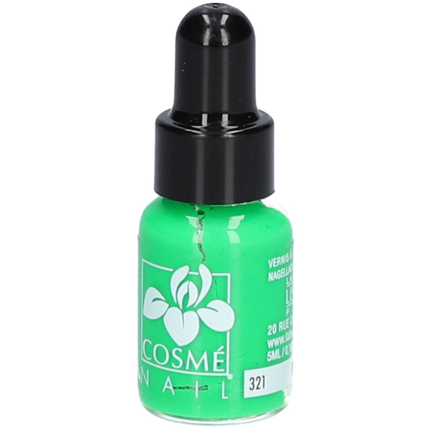 Flacone di smalto verde fluo con tappo nero. Scritta: COSMÉNAIL, 321. Fluo Grün. 5ml.
