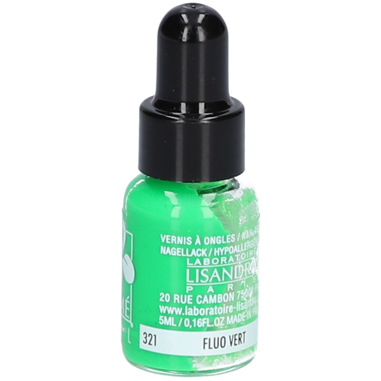 Flacone di smalto verde fluo con tappo nero. Scritta: COSMÉNAIL, 321. Fluo Grün. 5ml.