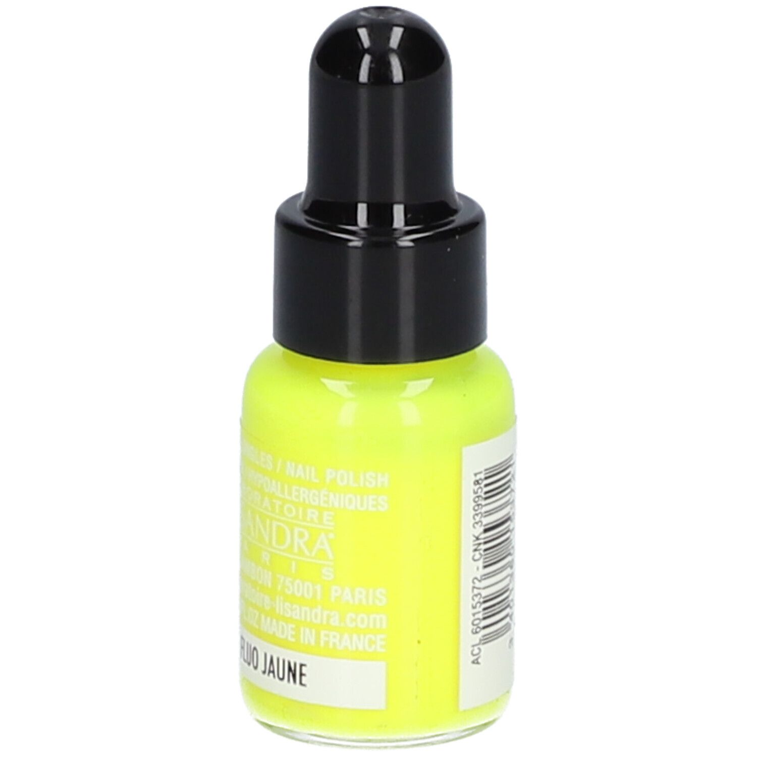 Flacone di smalto giallo con tappo nero. Scritta LISANDRA PARIS e FLUO JAUNE.