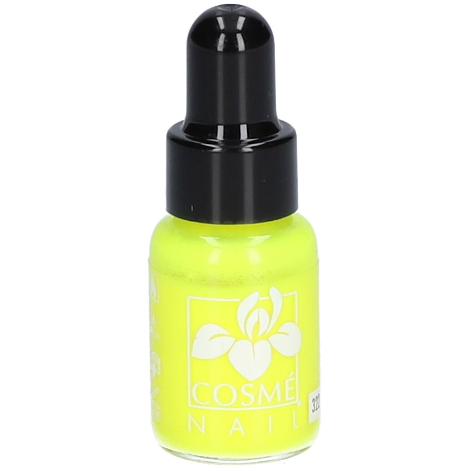 Flacone di smalto giallo con tappo nero. Scritta COSMÉNAIL e 322.