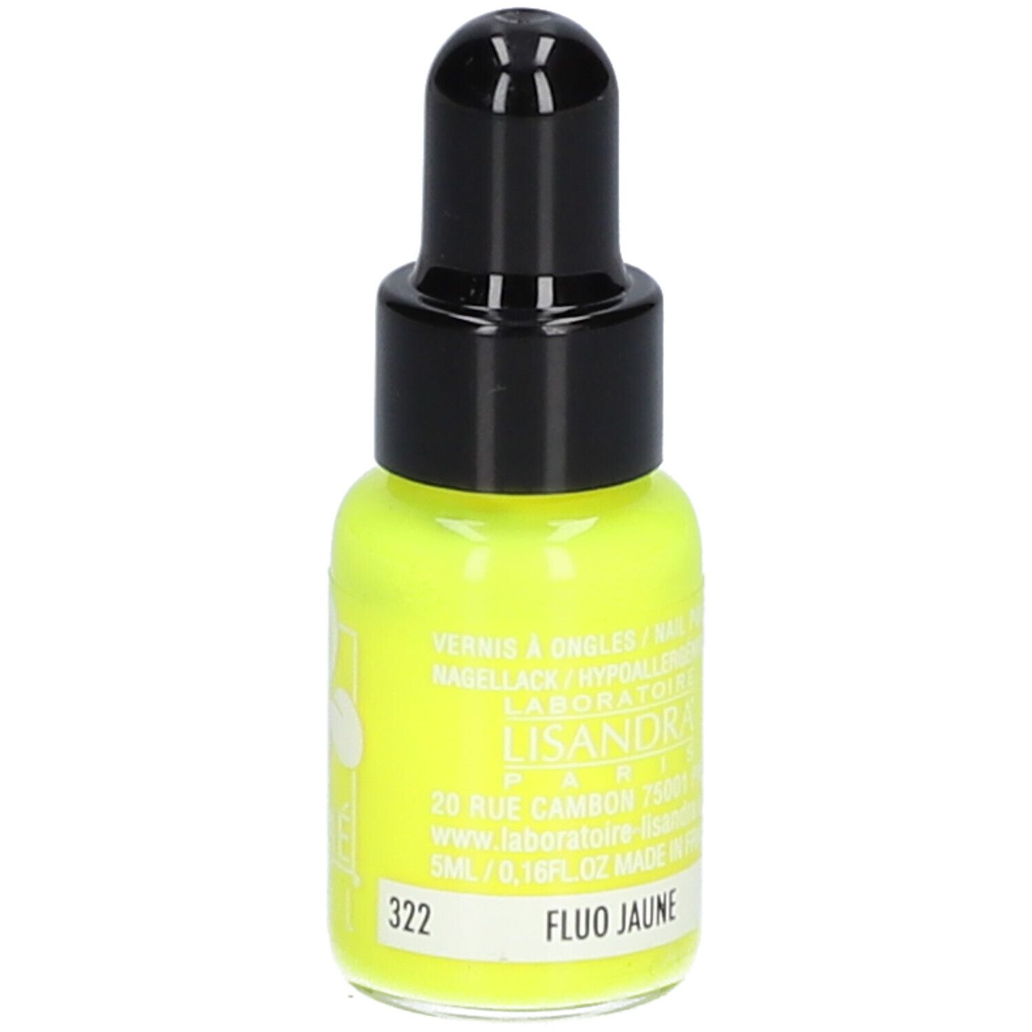 Flacone di smalto giallo con tappo nero. Scritta LISANDRA PARIS, 322 e FLUO JAUNE.