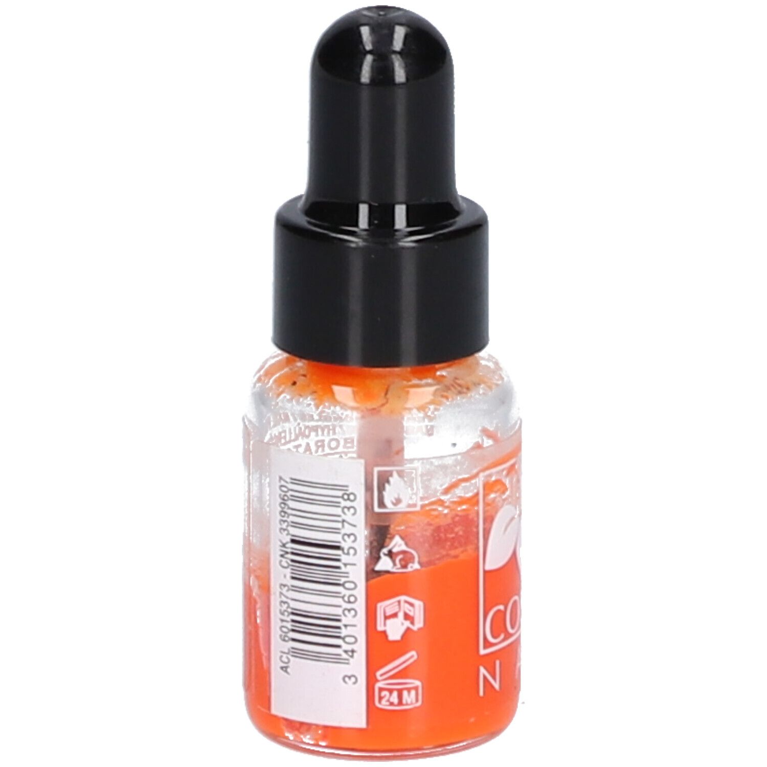 Nagellackflasche mit schwarzem Verschluss. Orangefarbener Inhalt. Barcode und Aufschriften.