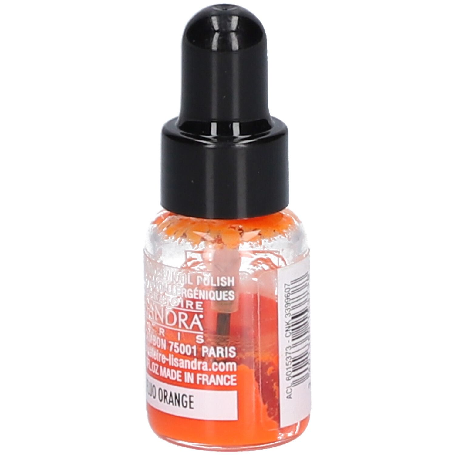Nagellackflasche mit schwarzem Verschluss. Orangefarbener Inhalt. Aufschrift: Fluo Orange, Made in France.