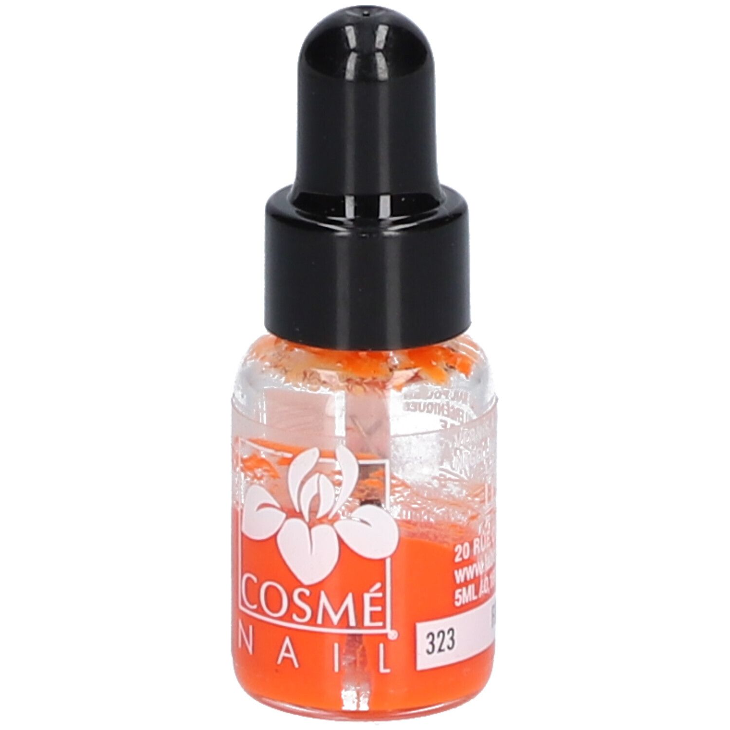 Nagellackflasche mit schwarzem Verschluss. Orangefarbener Inhalt. Aufschrift: COSMÉNAIL, 323, 5ml.