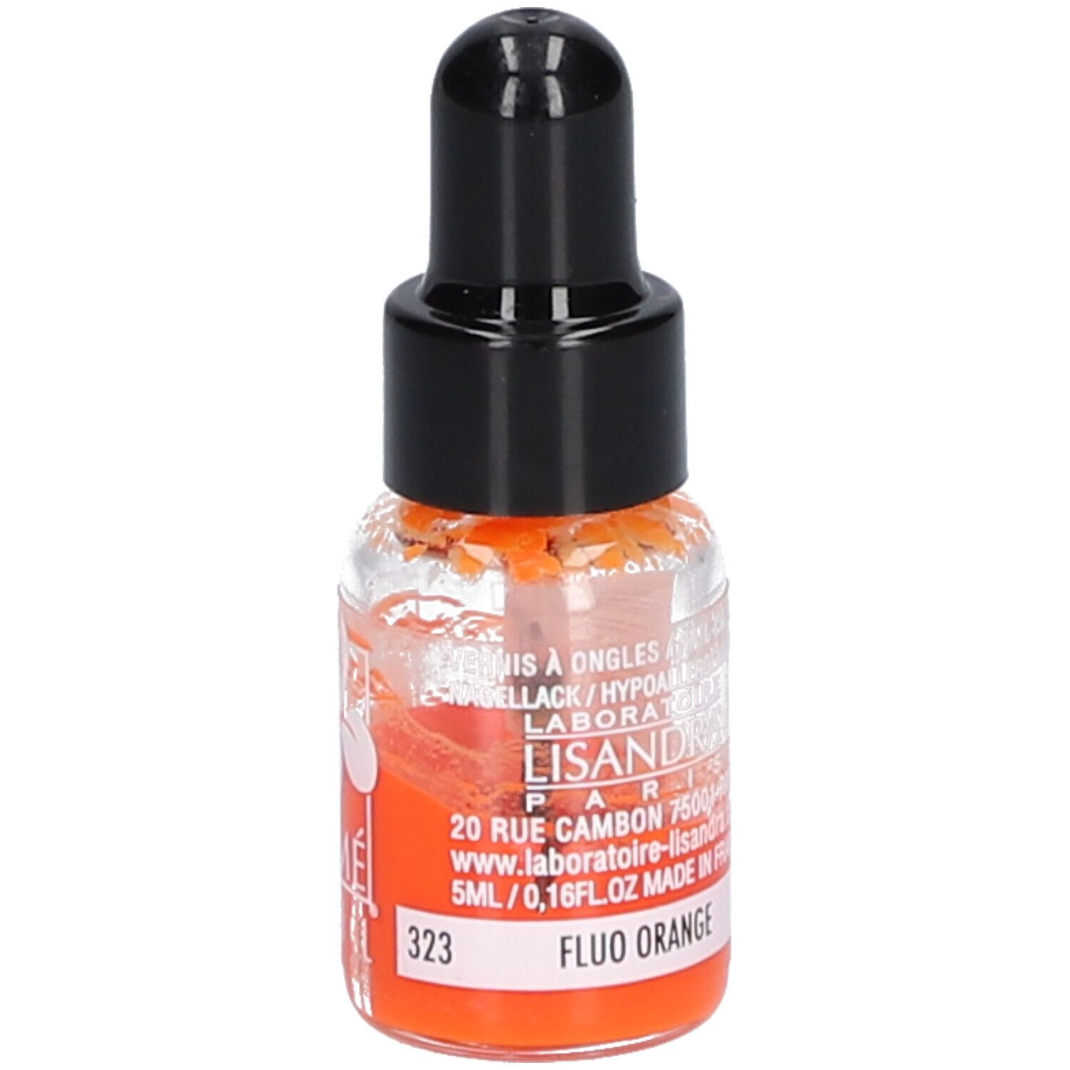 Nagellackflasche mit schwarzem Verschluss. Orangefarbener Inhalt. Aufschrift: 323, Fluo Orange, 5ml.