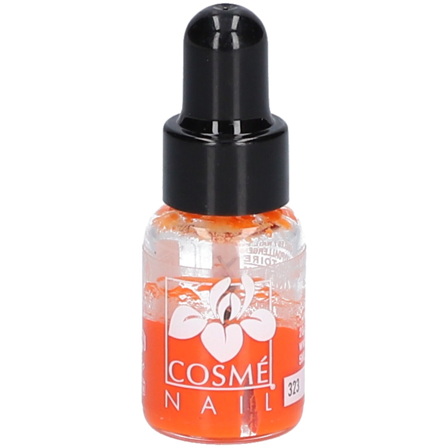 Nagellackflasche mit schwarzem Verschluss. Orangefarbener Inhalt. Aufschrift: COSMÉNAIL, 323.
