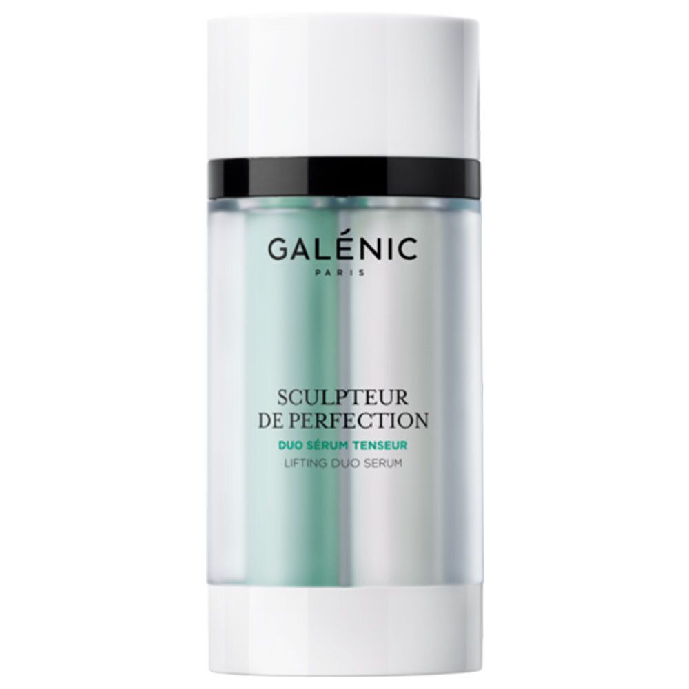 Flacon cylindrique blanc et noir. Inscription: GALÉNIC PARIS, SCULPTEUR DE PERFECTION, DUO SÉRUM TENSEUR, LIFTING DUO SERUM.