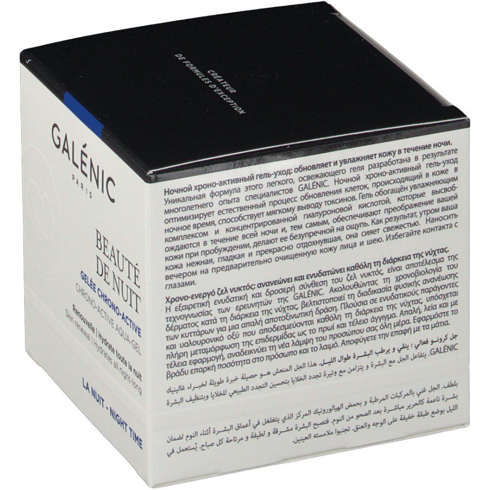 Boîte en carton avec couvercle noir. Inscription: GALÉNIC PARIS, BEAUTÉ DE NUIT, CHRONO-ACTIVE AQUA-GEL. Texte multilingue.