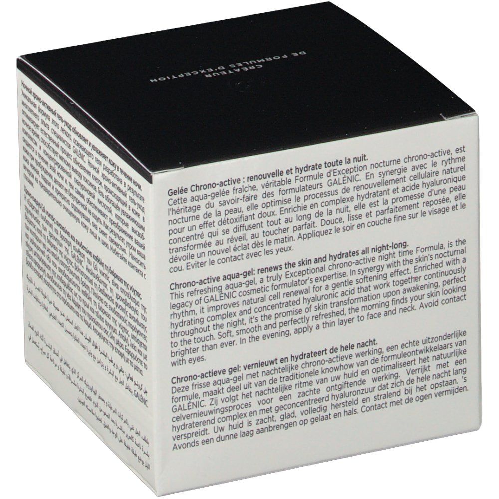 Boîte en carton avec couvercle noir. Inscription: GALÉNIC. Texte multilingue.