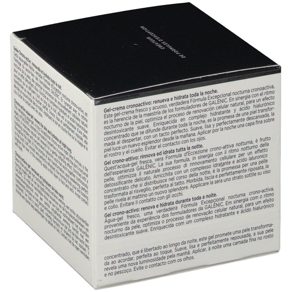 Boîte en carton avec couvercle noir. Inscription: GALÉNIC. Texte multilingue.