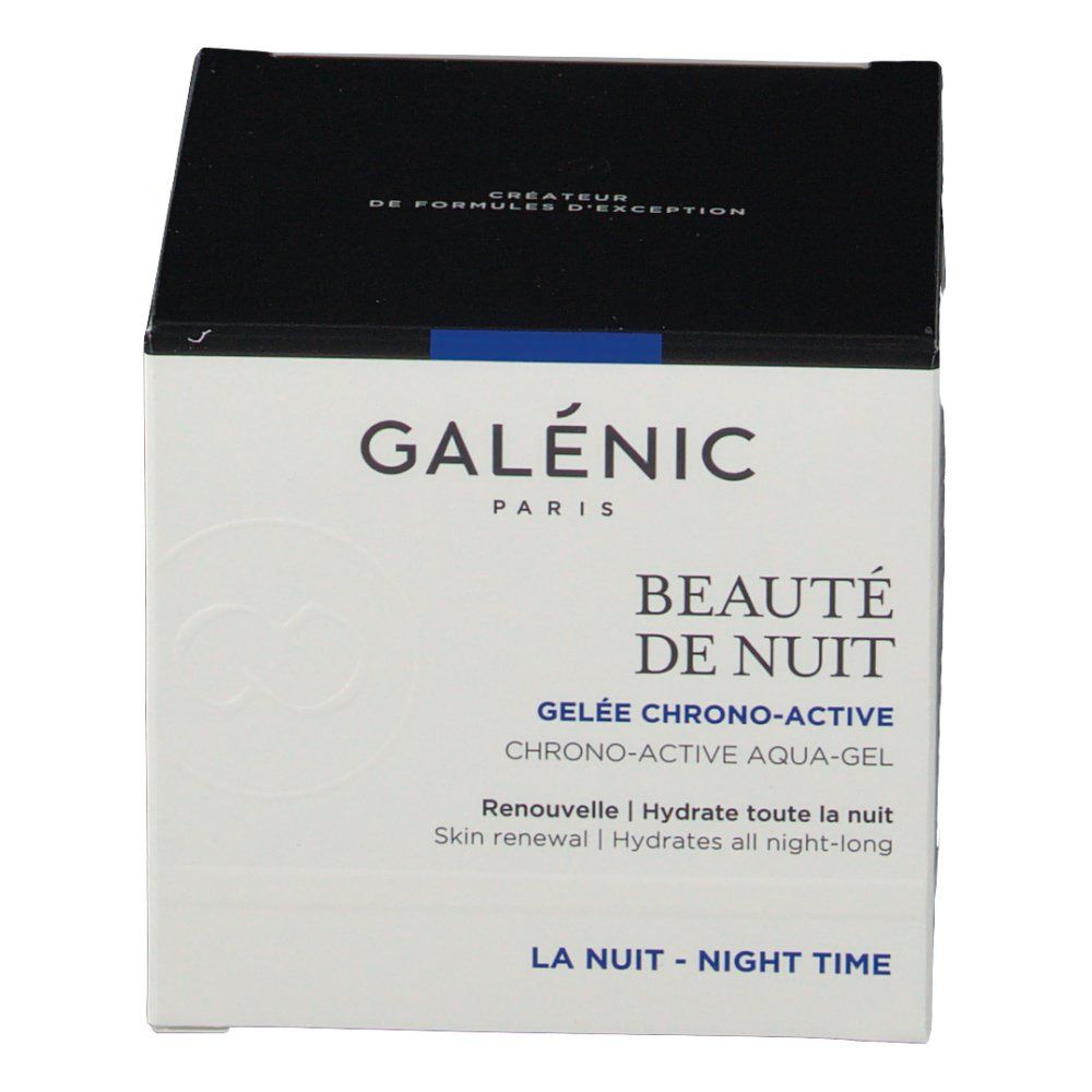Boîte en carton avec couvercle noir. Inscription: GALÉNIC PARIS, BEAUTÉ DE NUIT, GELÉE CHRONO-ACTIVE, CHRONO-ACTIVE AQUA-GEL.