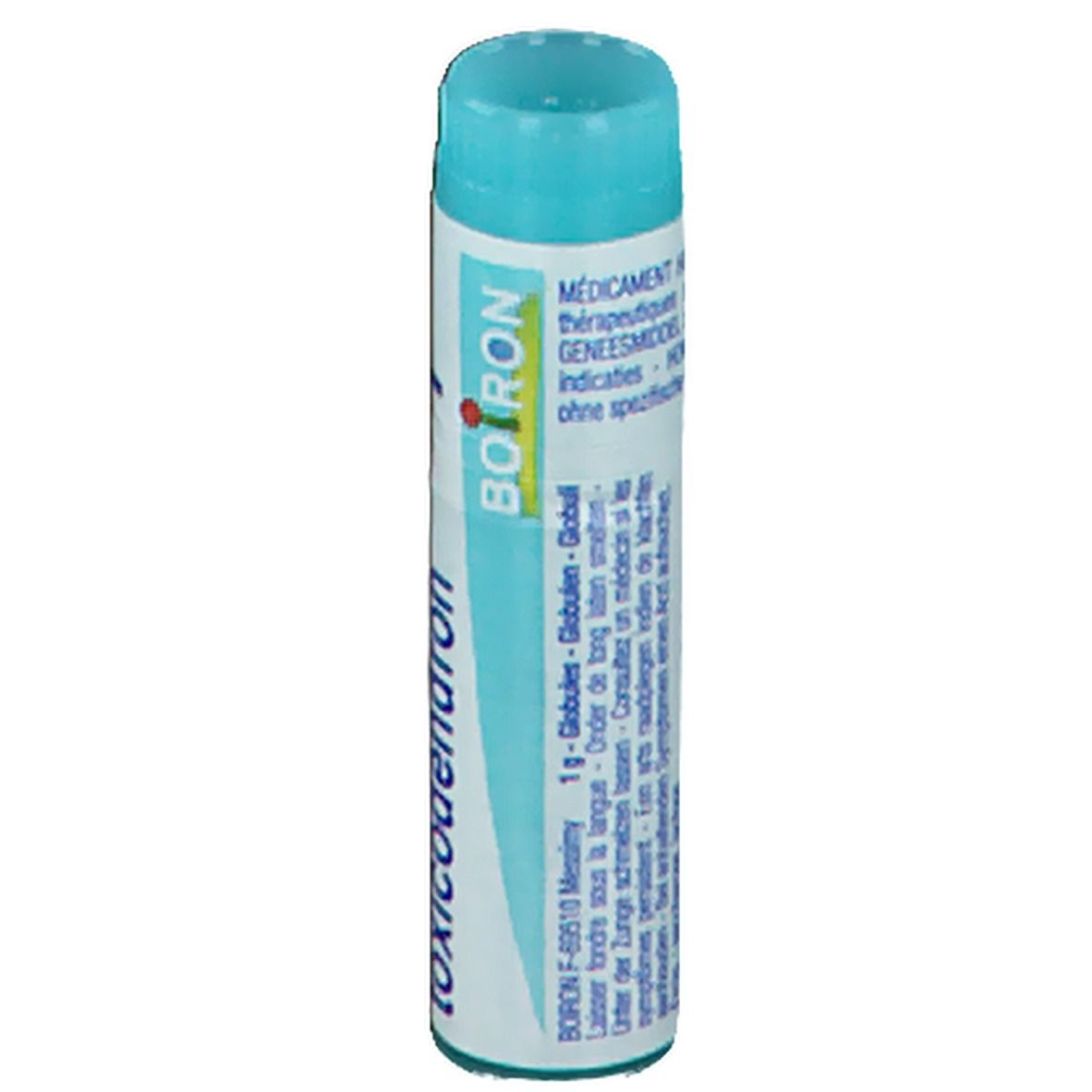 Tube cylindrique avec bouchon bleu. Inscription: Boiron, Rhus toxicodendron, globules.
