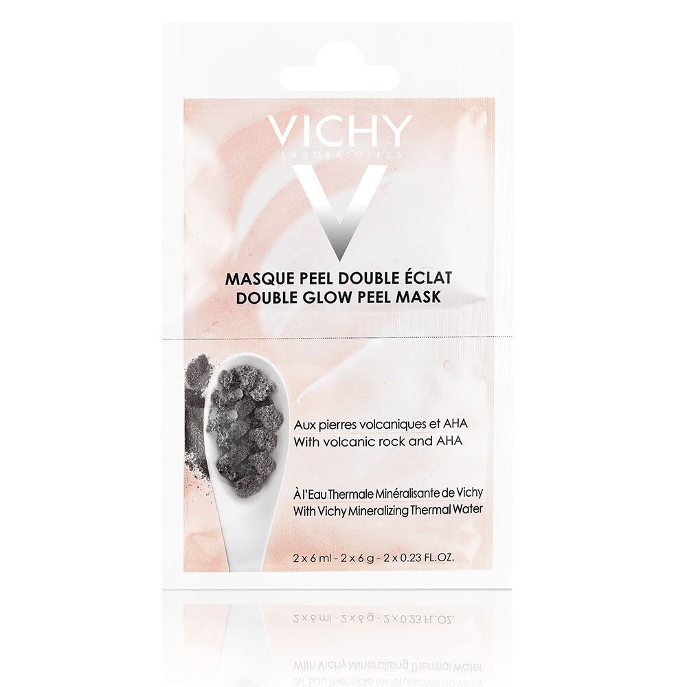 Vichy Masque. Double emballage avec informations produit. Texte: Masque Peel Double Éclat, avec roche volcanique et AHA.