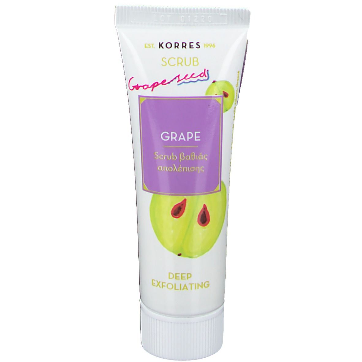 Tube KORRES® Peeling Traube. Blanc, éléments violets et verts. Inscription: Grape, Scrub, Deep Exfoliating. Illustration de raisin.