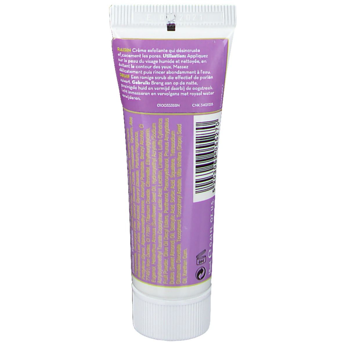 Dos du tube KORRES® Peeling Traube. Fond violet avec texte et code-barres. Bouchon blanc.