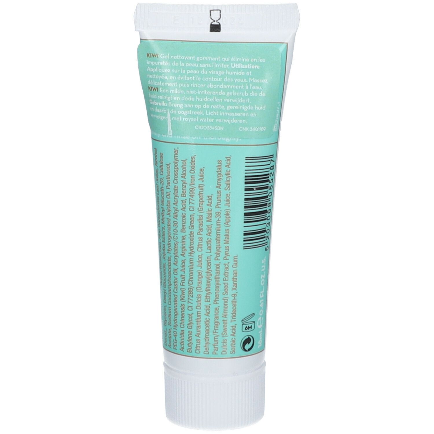 Dos du tube KORRES Kiwi Scrub. Ingrédients et code-barres. Zone turquoise avec texte. Tube blanc avec bouchon à vis.