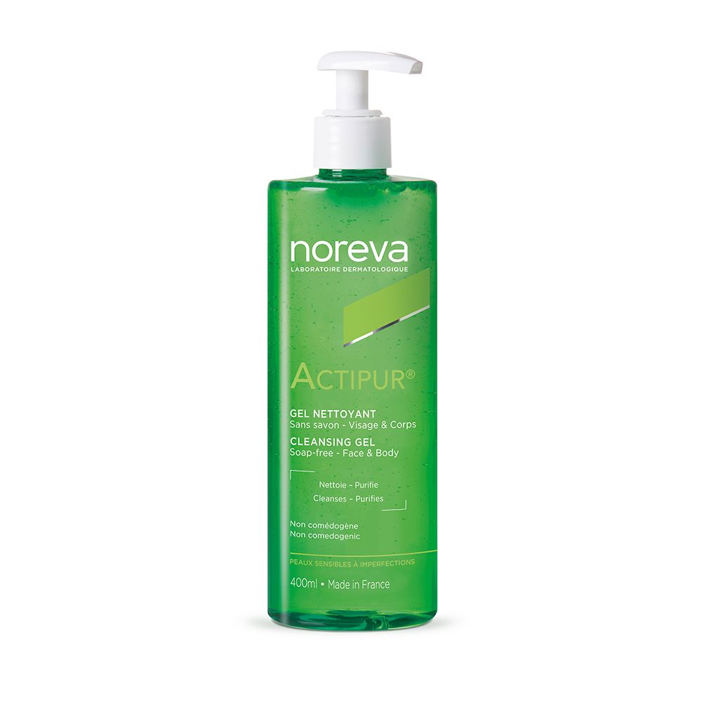 Groene fles met witte pomp. Opschrift: Noreva Actipur Gel Nettoyant, Cleansing Gel. 400ml.