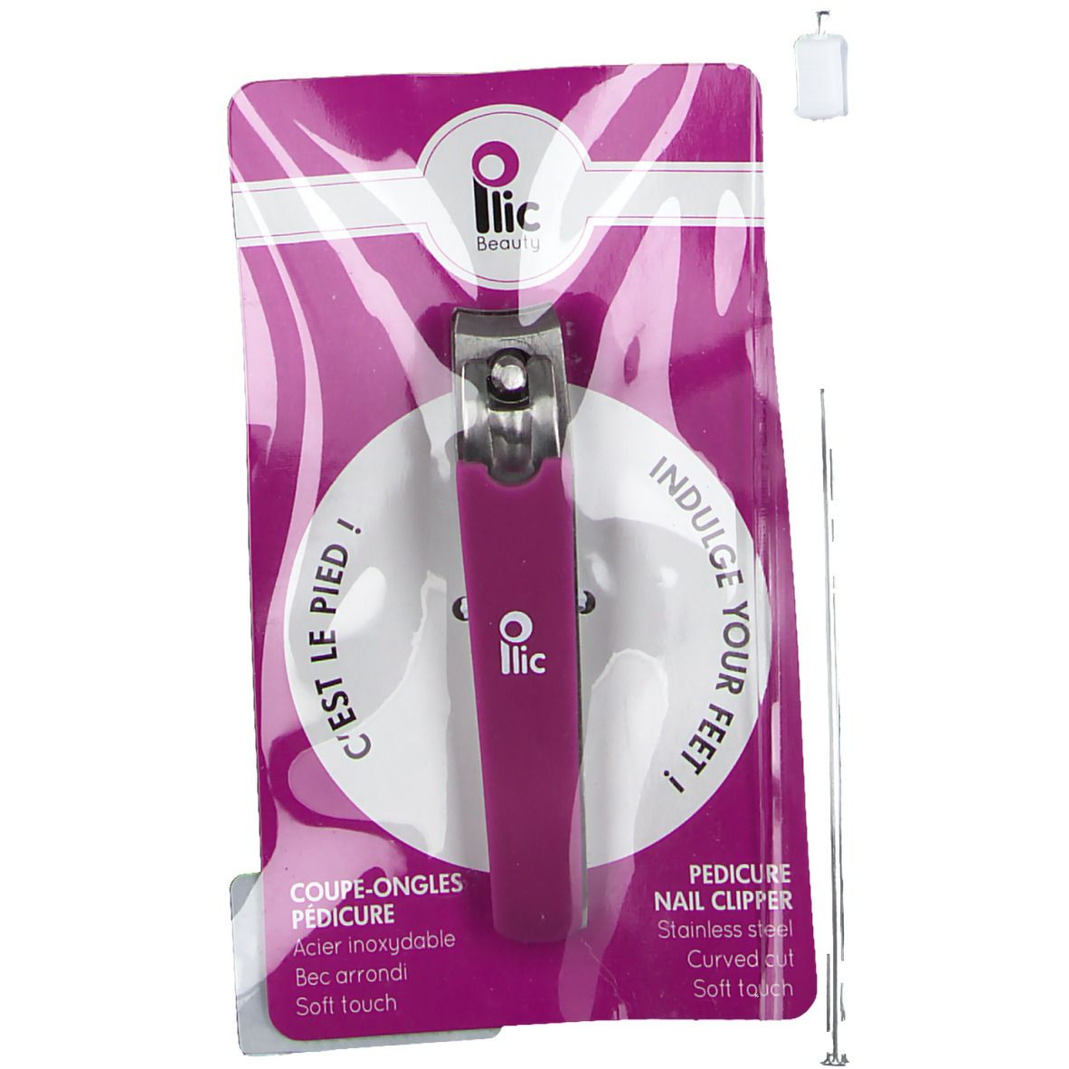 Ilic Beauty nagelknipper in verpakking. Roestvrij staal, afgeronde snede, roze handvat. Tekst: "C'est le pied!" en "Indulge your feet!"