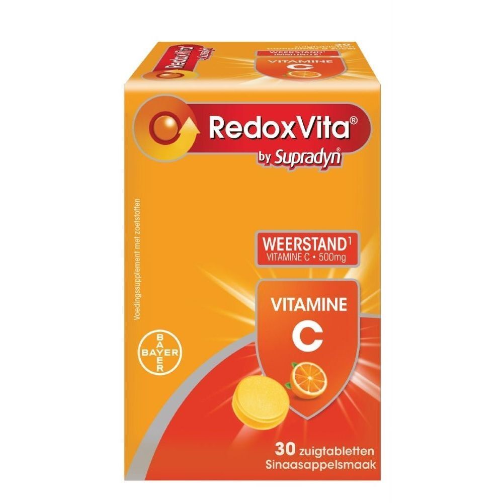Verpakking RedoxVita. Opschrift: Vitamine C, 30 zuigtabletten, sinaasappelsmaak.
