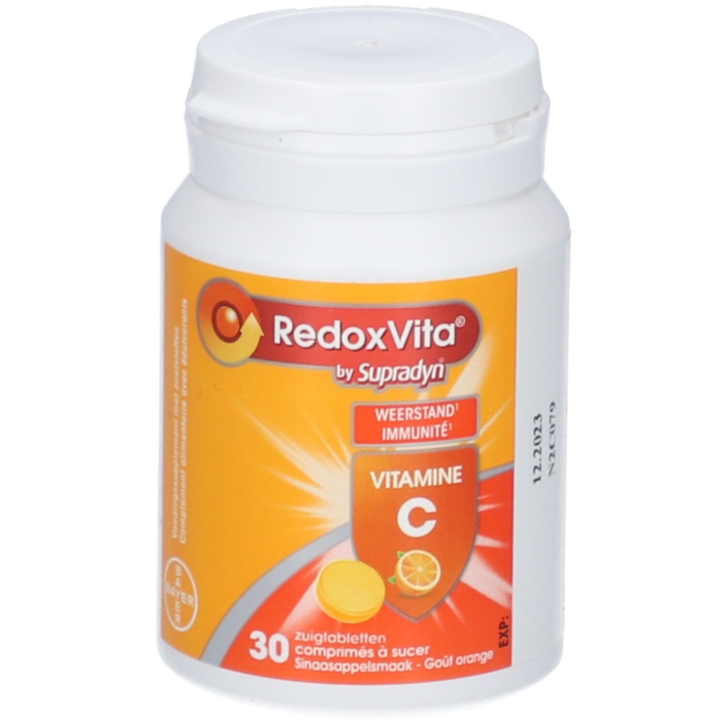 Witte fles RedoxVita. Opschrift: Vitamine C, 30 zuigtabletten, sinaasappelsmaak.