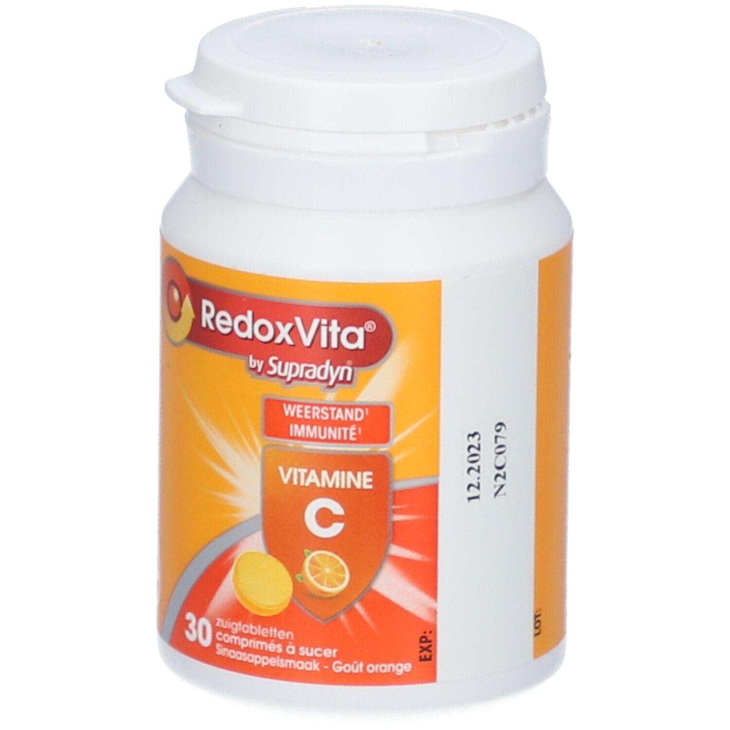 Witte fles RedoxVita. Opschrift: Vitamine C, 30 zuigtabletten, sinaasappelsmaak.