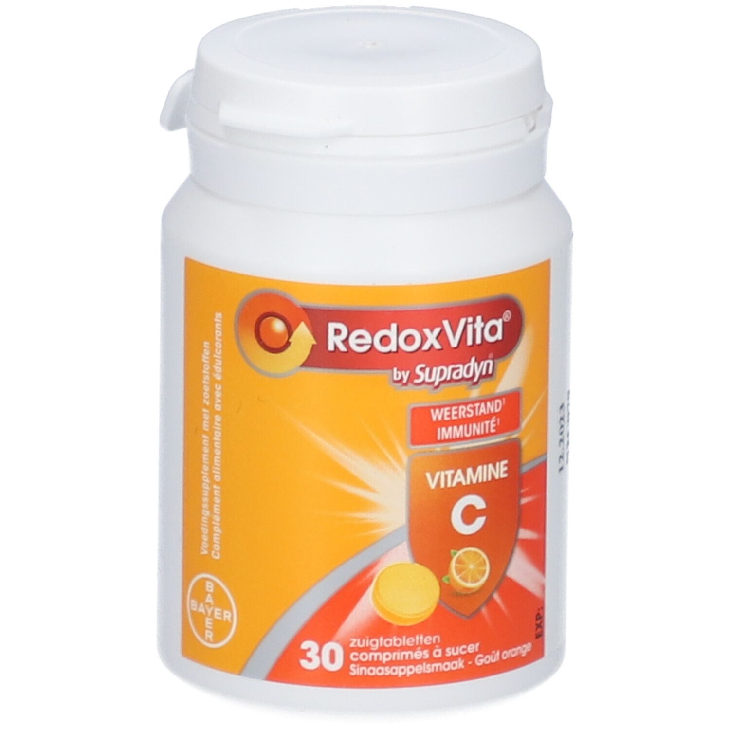 Witte fles RedoxVita. Opschrift: Vitamine C, 30 zuigtabletten, sinaasappelsmaak.