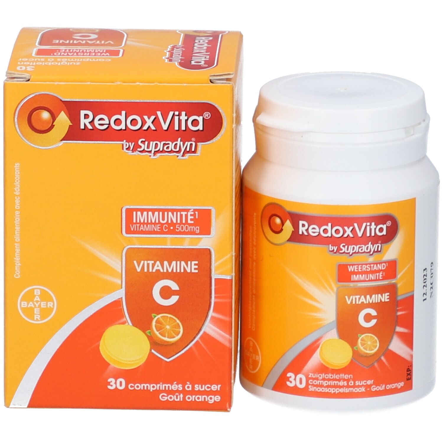 Verpakking en fles RedoxVita. Opschrift: Vitamine C, 30 zuigtabletten, sinaasappelsmaak.