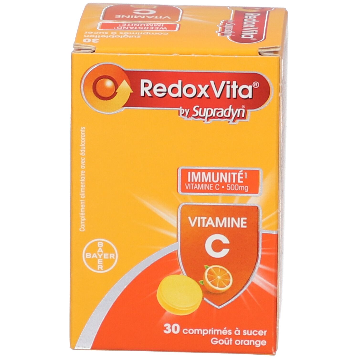 Verpakking RedoxVita. Opschrift: Vitamine C, 30 zuigtabletten, sinaasappelsmaak.