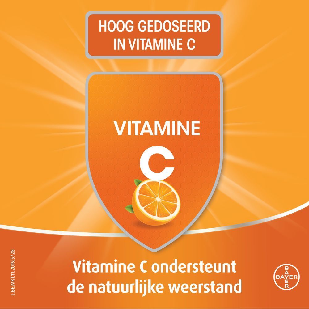 Oranje achtergrond met vitamine C-symbool. Tekst: Vitamine C ondersteunt de natuurlijke weerstand.