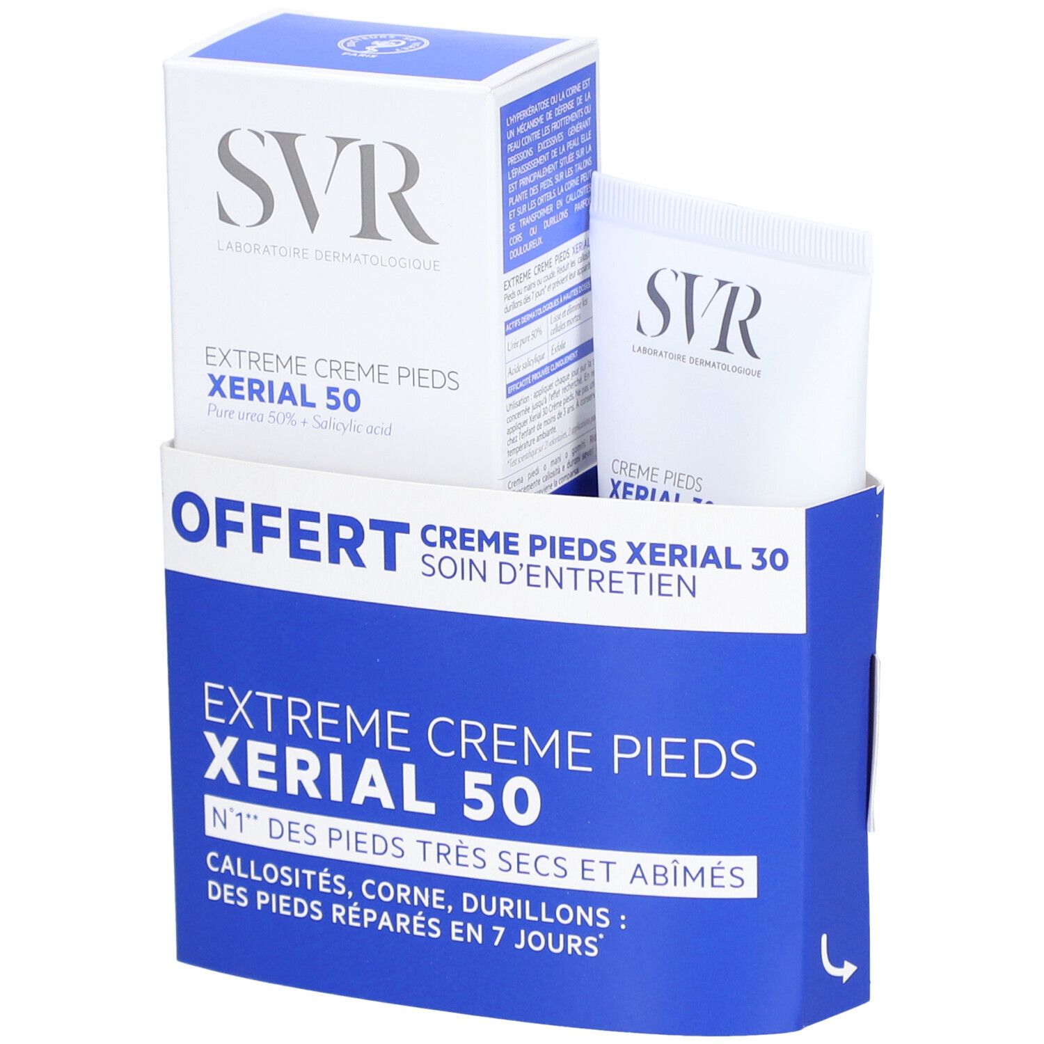Coffret crème pieds. Boîte et tube blancs et bleus. Inscription "OFFERT". Texte sur les pieds secs et abîmés.